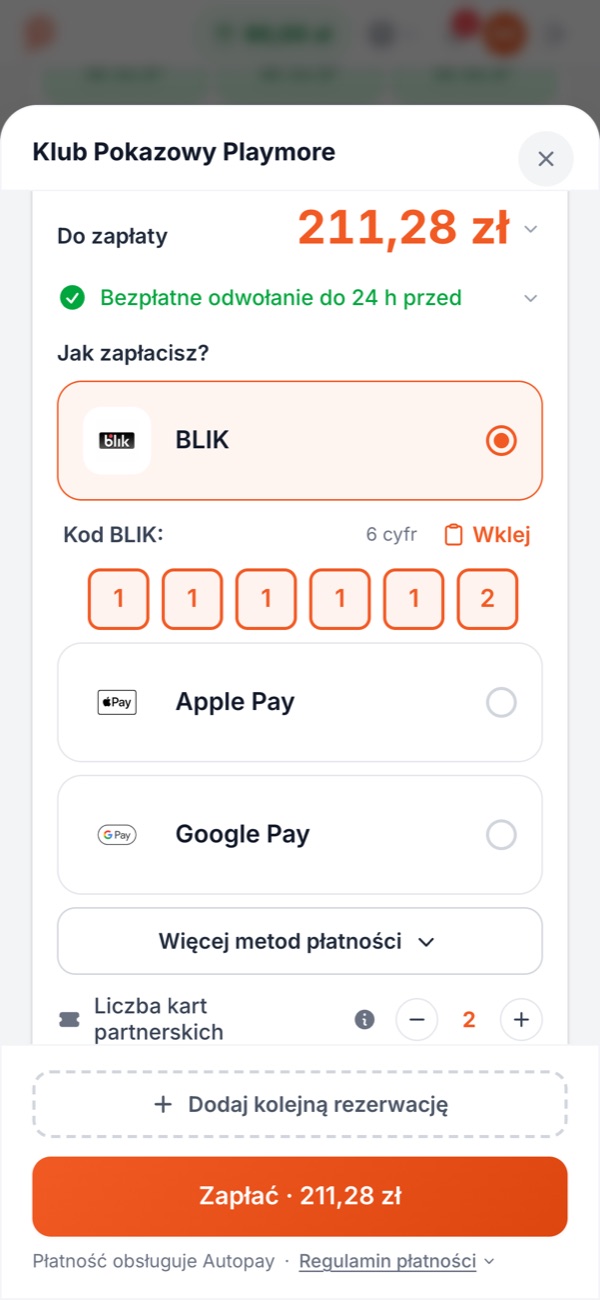 Płatność za rezerwację w aplikacji Playmore: BLIK, Apple Pay i Google Pay