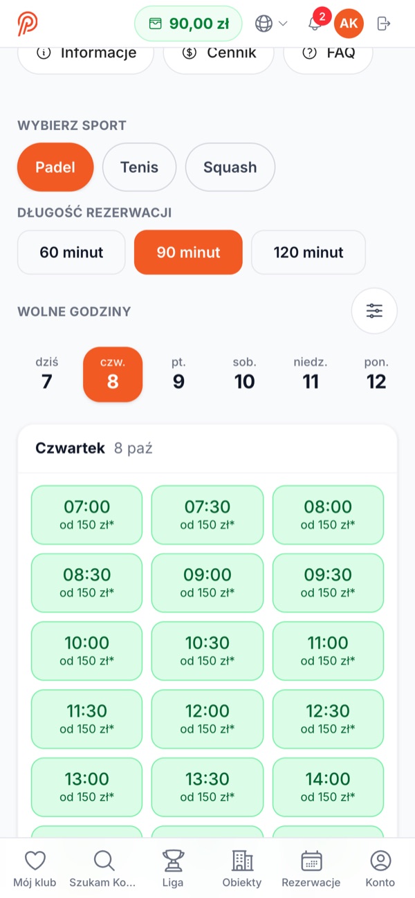 Aplikacja Playmore: lista wolnych godzin z cenami