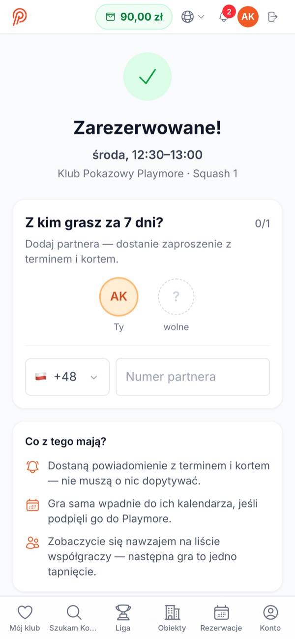 Aplikacja Playmore: potwierdzenie rezerwacji