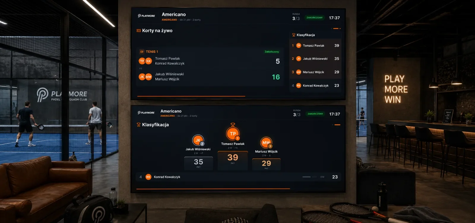 Tablica TV Playmore w klubie - turniej Americano: korty na żywo i klasyfikacja